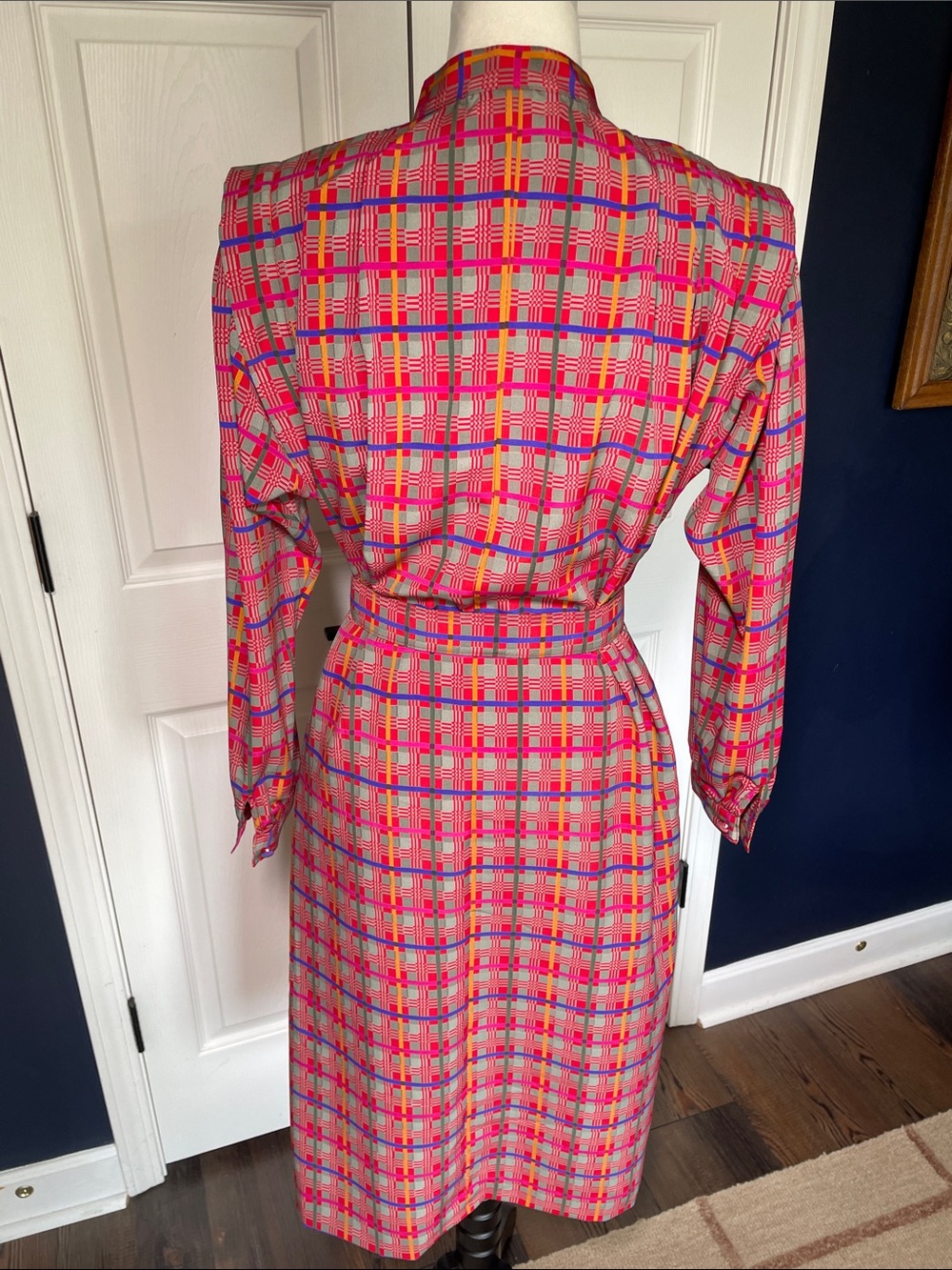 Vintage Hana Sung 1980s Plaid Shirt Dress Midi Belted Shoulder Pads Pink Blue 10 - Picture 7 of 13